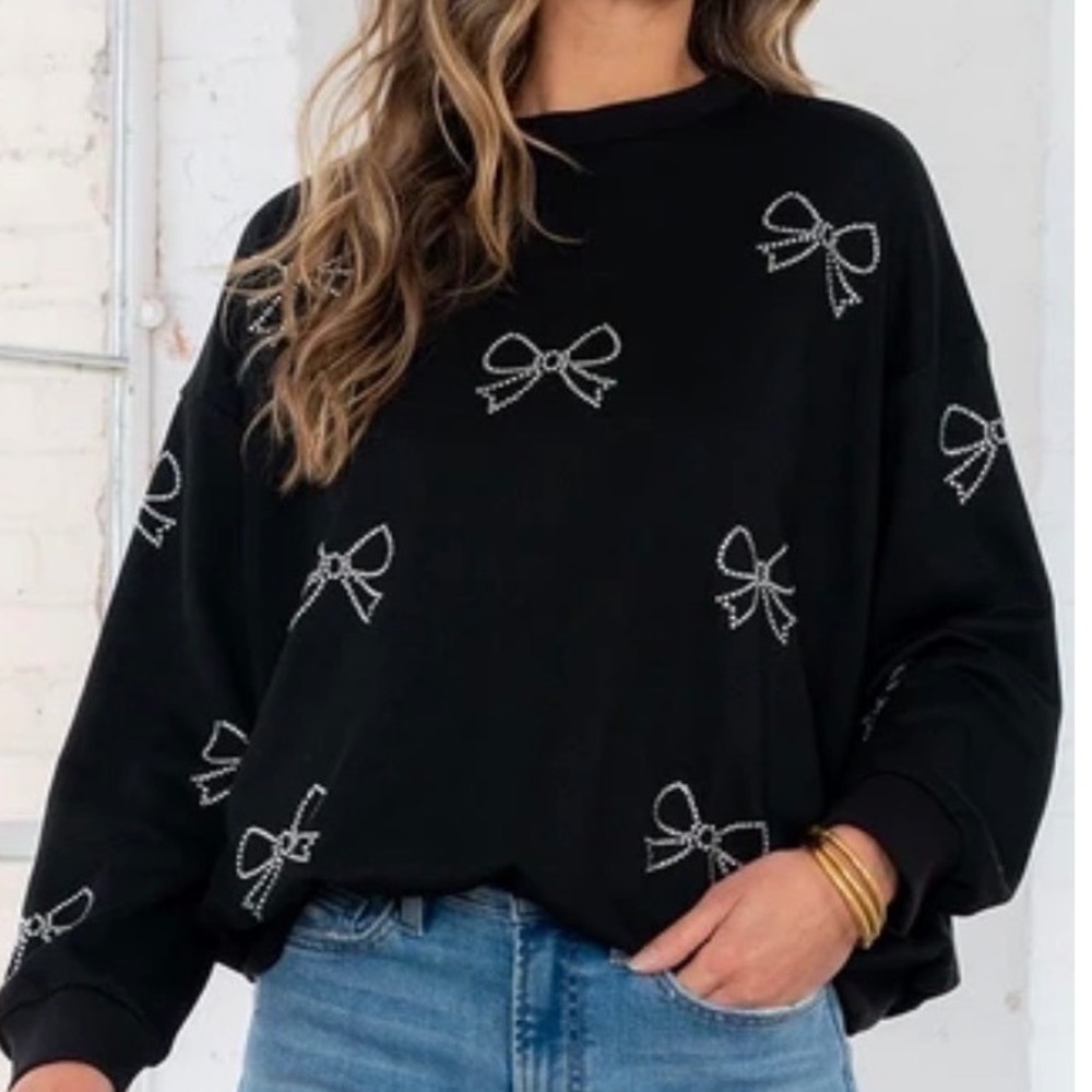 Like Love Black Rhinestone Bow Sweatshirt Womens S Coquette Oversized Pullover